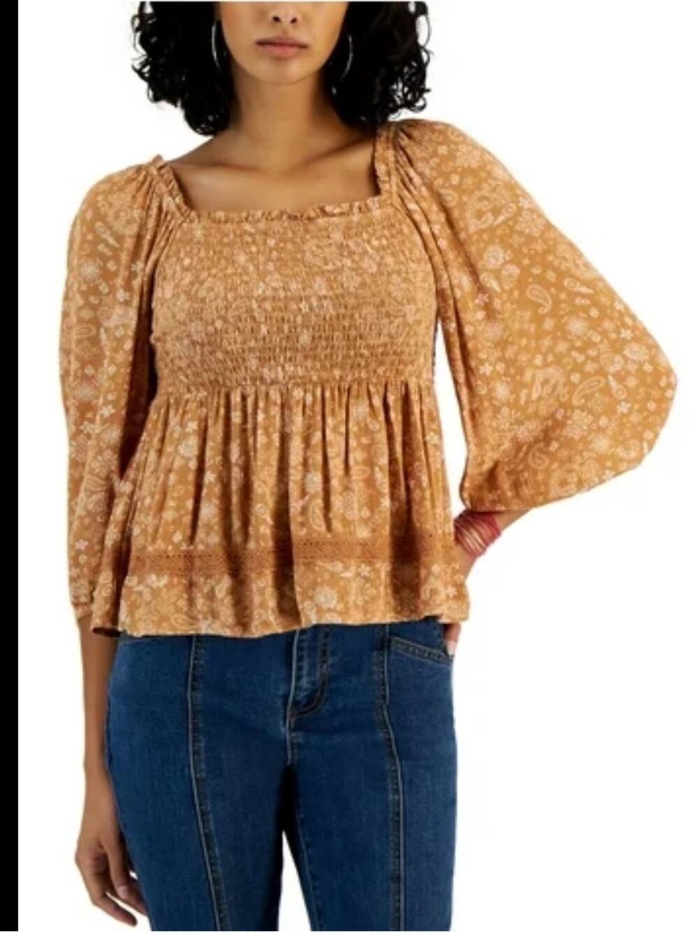 Hippie Rose Boho Smocked Peasant Top Medium Rust Brown Long Sleeve floral